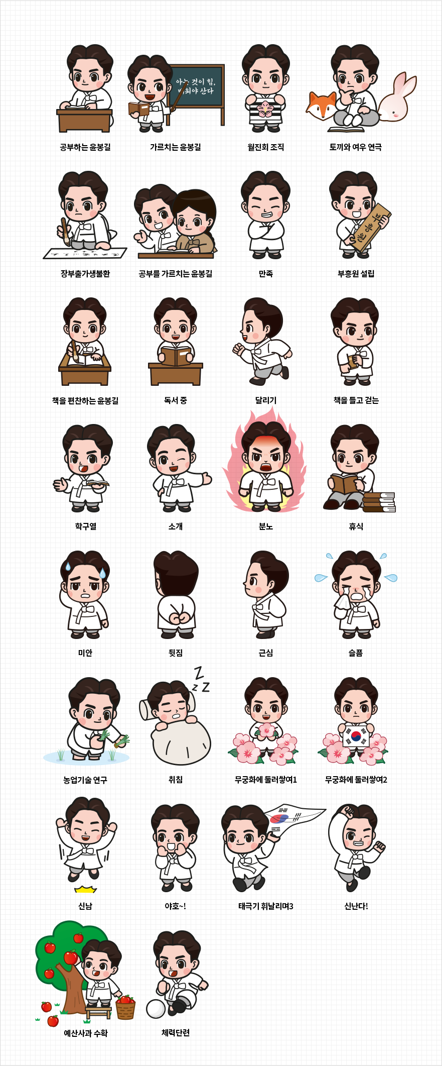 윤봉길 캐릭터 기본형 교육자 가르침, 응원, 달리기, 자전거, 점프, 산책, 심각, 전통놀이, 노래, 인사